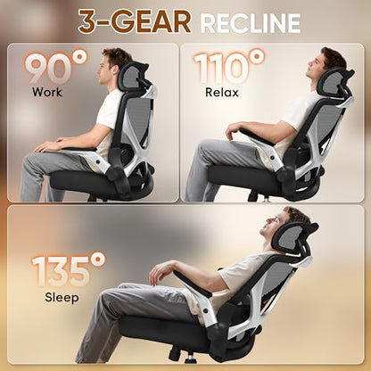 Ergonomic Office Chair, Big and Tall Mesh Chair with Adjustable Lumbar Support, 5D Arms & Wide Seat, 135° Recline Home Desk Computer Chairs for Work Gaming, Heavy Duty,400LBS - Black - color: Black