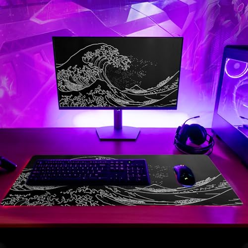 Japanese Gaming Mouse Pad Abstract Black Mouse Pad 31.5x11.8 Inch Black Sea Wave Texture Non-Slip Rubber Base Large Ocean Mousepad Stitched Edges Keyboard Mouse Mat Desk Pad for Office and Home - color: Sea Wave