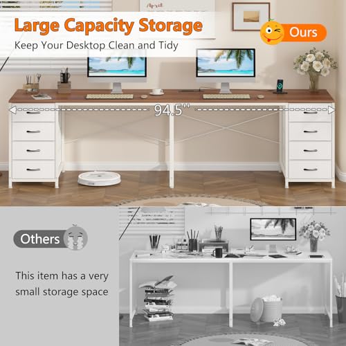 95" 2 Person Desk with 8 Fabric Drawers for Home Office, Living Room - color: Brown and White, size: 18.9"D x 94.5"W x 29.3"H