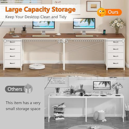 95" 2 Person Desk with 8 Fabric Drawers for Home Office, Living Room - color: Brown and White, size: 18.9"D x 94.5"W x 29.3"H