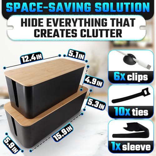 Cord Box Hider 2 Pack, Cable Management Box, Medium, Large, Black
