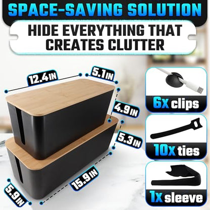 Cord Box Hider 2 Pack, Cable Management Box, Medium, Large, Black