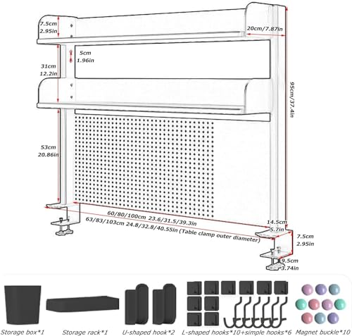Clamp On Desk Organizer Shelf, Desk Extender Pegboard Workstation,Computer Desk Accessories for Office, Privacy Panel for Gaming Desk,Clamp-on 23.6/31.5/39.3in Desktop Shelving System, Black (Size :