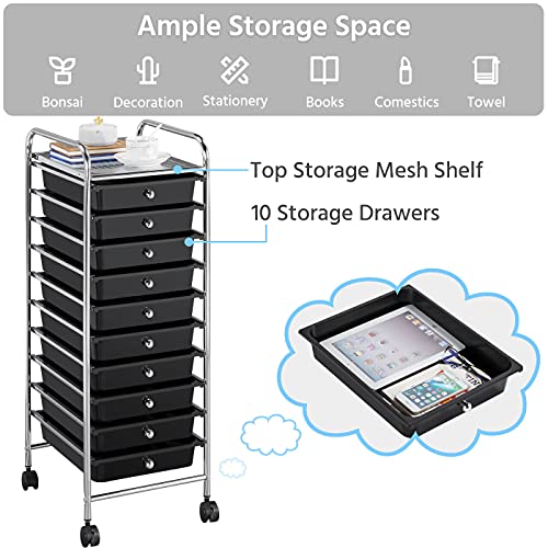 Yaheetech 10-Drawer Rolling Storage Cart with Wheels, Slim Organizer, Black - color: Black, style: 10 Drawers