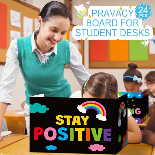 Honoson 24 Pcs Inspirational Privacy Folders for Students | Cardboard Desk Shields with Motivational Words, 6 Designs for Classroom Study, Tri-fold Exam Dividers, Bulk Test Boards - style: Colorful