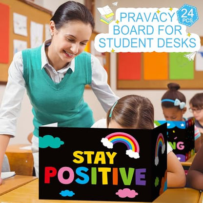 Honoson 24 Pcs Inspirational Privacy Folders for Students | Cardboard Desk Shields with Motivational Words, 6 Designs for Classroom Study, Tri-fold Exam Dividers, Bulk Test Boards - style: Colorful