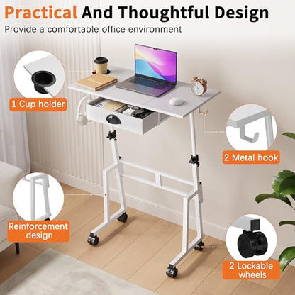 Honkazita Height Adjustable Standing Desk with Storage Drawer, White | Rolling Desk for Treadmill Walking Pad, Small Sit-Stand Desk with Lockable Wheels, Height Range 31.5"-43.3", Stable Design - color: White