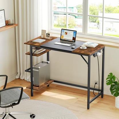 HOOBRO Small Computer Desk, 35.4 Inch Home Office Desk with Power Outlet, Writing Desk with 2 Shelves, Modern Small Desk for Home Office, Study, Easy to Assemble, Rustic Brown and Black BF43UDN01 - color: Rustic Brown + Black