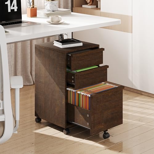 Garvee Rolling File Cabinet with 3 Drawers, Wood Mobile Filing Cabinet for Home Office, Under Desk Printer Stand with Wheels, Large File Drawer, 2 Locking Casters, Brown - color: Brown