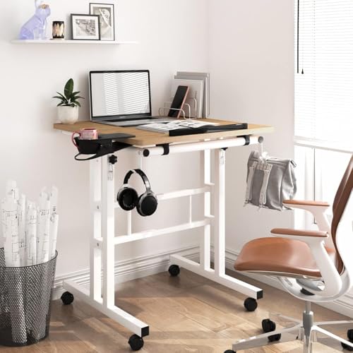 Small Standing Desk with Removable Cup Holder, Height Adjustable Mobile Laptop Stand on Wheels, Ergonomic Rolling Computer Workstation for Home Office, Portable Overbed Table for Couch & Bed, Khaki - color: Khaki