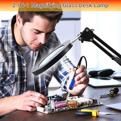 15X Magnifying Glass with Light – Real Glass Lens, 72 LEDs, 3 Color Modes Stepless Dimmable, Adjustable Swing Arm with Clamp and Base, Hands-Free Magnifier for Crafts, Reading, Repair, Close Work