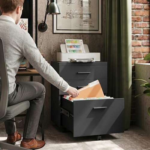 DEVAISE 3 Drawer File Cabinet for Home Office, Wood Under Desk Filing Cabinet, Rolling Printer Stand with Wheels, Black - color: Black, size: 15.7"D x 18.1"W x 25.6"H
