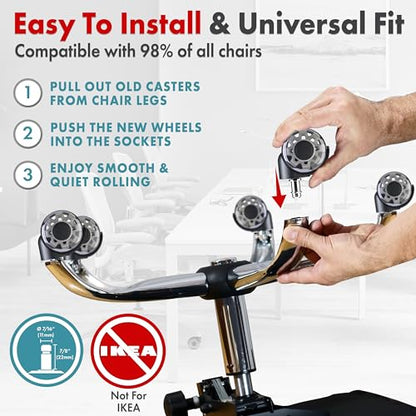 Office Chair Wheels Replacement Set of 5 - Dual 2 Inch Soft Chair Casters for Hardwood Vinyl Tile - Heavy Duty & Safe for All Floors - Universal Fit Most Computer Gaming & Desk Chairs - Grey - style: Grey / Transparent