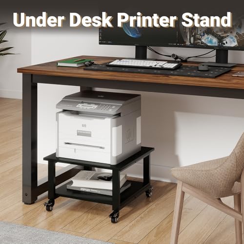 Natwind 2 Tier Laser Printer Stand,20''x20'' Under Desk Printer Cart, Black | Large Printer Table Copier Stand with Wheels, Stand for Heavy Printers,Thickened Steel Tube,Supports 200lbs,for Home Office - color: Black