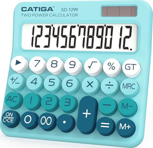 CATIGA Mechanical Switch Calculator with Solar and Battery Dual Power, 12-Digit Large LCD Display, Aesthetic and Cute Desktop Calculator with Big Button, for Home, School and Office Use, SD-1299 - color: Z) Aqua Blue