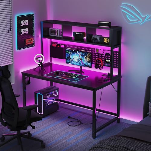 DLisiting Black Gaming Desk with Hutch and Pegboard - 47 Inch Gaming Desk with Shelves Storage Power Outlets, Computer Teen Work Study Writing Desks for Bedroom Home Office - color: Black
