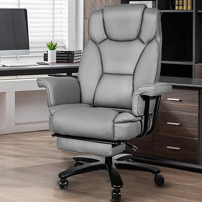 Reclining Office Chair with Footrest, Big and Tall Home Office Desk Chairs 400lbs with High Back, Criss Cross Wide Seat, Heavy Duty Base, Pu Leather, Grey - color: Grey