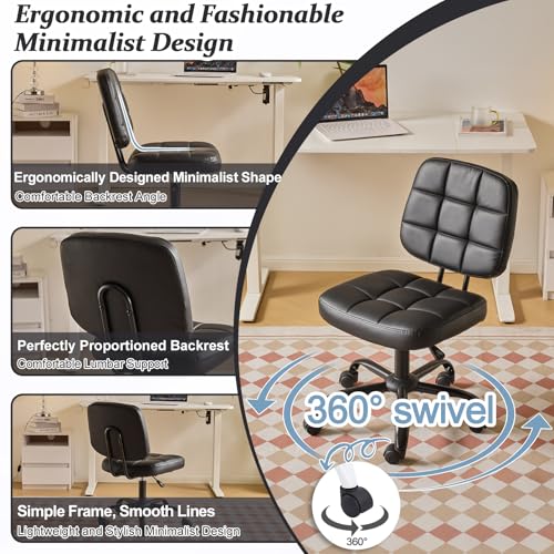 VINGLI Compact Small Desk Chair, Cute Armless Chair with Wheels, Vanity Chair with Low Back, Height Adjustable Task Chair for Small Spaces, Office, Bedroom, Make Up Room, PU Leather, Black - color: Black
