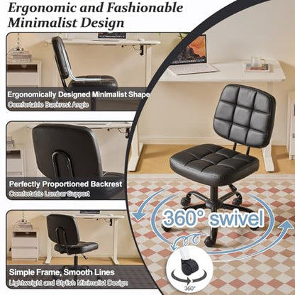 VINGLI Compact Small Desk Chair, Cute Armless Chair with Wheels, Vanity Chair with Low Back, Height Adjustable Task Chair for Small Spaces, Office, Bedroom, Make Up Room, PU Leather, Black - color: Black