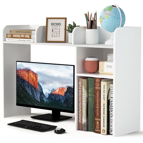 LAND·VOI Desktop Bookshelf, Countertop Storage Hutch with 5 Shelves for Computer Desk, Desk Organizer for Home Office Dorm, Dressing Tabletop, Bar Countertop, White EDS01W - color: White