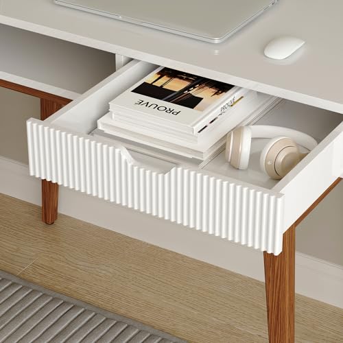 White Computer Desk with Drawers - 45 inch Minimalist Small Solid Wood Mid-Century Modern Office Desk for Home - Boho Style Writing Table with Open Storage,Light Wooden Desk Workspace