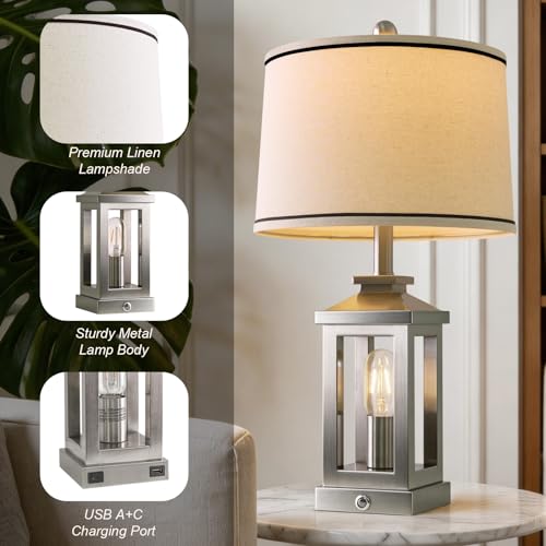 Modern Table Lamps Set of 2 for Living Room 23.75" Bedroom Nightstand Lamps | Touch Lamps with Three-level Dimming Nightlight, Bulbs Included, USB Charging Ports, Silver Modern Bedside Side Table Lamp - color: Metal Silver