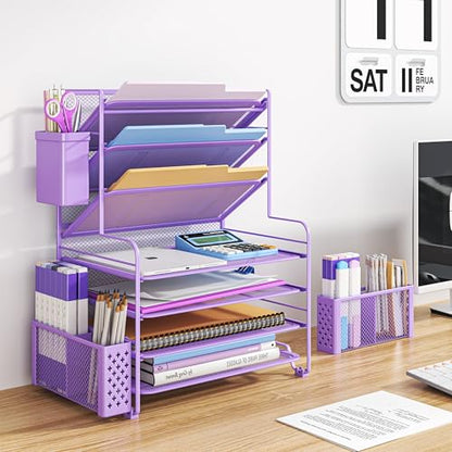 Simple Trending 7 Tier Desk File Organizer, Letter Tray Paper Organizer with Pen Holder and Metal Hanging Basket, Purple - color: 7 Tier Purple