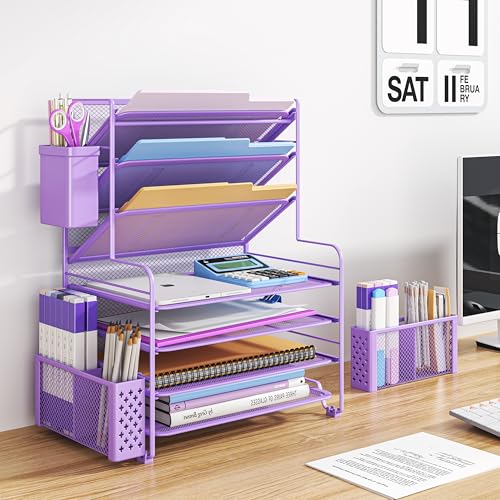 Simple Trending 7 Tier Desk File Organizer, Letter Tray Paper Organizer with Pen Holder and Metal Hanging Basket, Purple - color: 7 Tier Purple