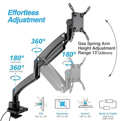 AVLT Single 17"-57" Super Ultrawide Monitor Arm - Black | Screens Up to 59.5 lbs Premium Aluminum Desk Stand Adjustable Pneumatic Height Full Motion Swivel Tilt Rotation USB-C&A Ports - color: Black-17 to 57 Inch
