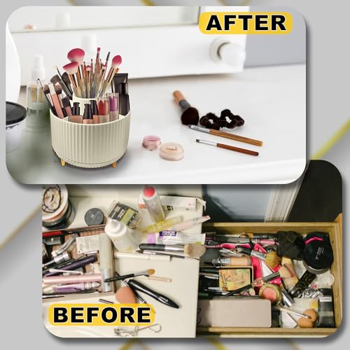 WILL OAK Makeup Brush Organiser - Large Compartment Cosmetic Organizer -Eyeliner, Nail Polish, Art Supply, Bathroom Vanity Desktop Organizer (Cream) - color: Cream
