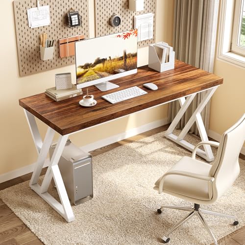 LITTLE TREE 55 Inch Large Simple Industrial Computer Desk Study Writing Table Home Office Workstation,Brown - color: Brown