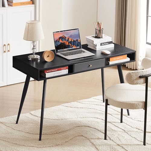 Desk with USB Ports and Power Outlet, Writing Study Desk with Drawers, Multifunctional Home Office Computer Desk Black