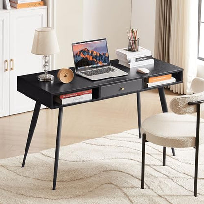 Desk with USB Ports and Power Outlet, Writing Study Desk with Drawers, Multifunctional Home Office Computer Desk Black