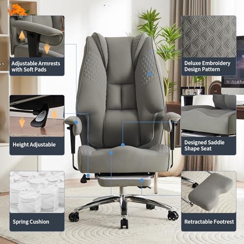 EXCEBET Big and Tall Office Chair 400lbs Wide Seat, Leather High Back Executive Office Chair with Foot Rest, Ergonomic Chairs Lumbar Support for Lower Back Pain Relief (Mesh Light Grey) - color: Mesh Light Grey