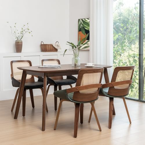 Set of 2 Kitchen & Dining Room Chairs - Green Dining Chairs with Walnut Bentwood Frame, Ergonomic Rattan Back, Curved Arms, Rattan Dining Chairs for Living Room/Reception/Kitchen/Desk (Walnut Green) - color: Walnut Green, size: Set of 2