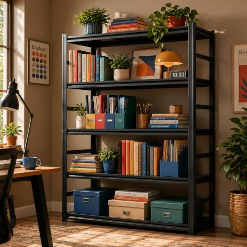 5 Tier Metal Book Shelf, Adjustable Tall Bookcase with Anti-Drop Fence | Heavy Duty 3000 LBS Modern Deep Bookshelf, Bolt-Free Storage Shelves for Living Room, Home Office, Garage - size: 5 Tier-36"Wx 16"Dx 71.2"H