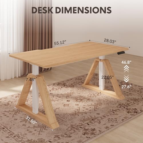 FLEXISPOT 55 x 28 Inch Oak Executive Standing Desk, Natural | Japandi-Inspired Sit-Stand Desk, Architectural V-Frame Design, Multi-Monitor Setups, Dual Motor & 220 LBS - color: Natural, size: 55"x28" Oak
