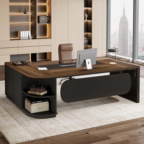 Tribesigns 81-Inch L-Shaped Office Desk, Large Commercial Office Desk with Drawers and File Cabinet, Modern Professional Business Furniture Workstations with Storage Shelves, Brown & Black - color: Brown & Black