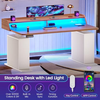 SEDETA Standing Desk with Storage, 55" Fluted Stand Up Desk with Power Outlets & LED Lights, Height Adjustable Table with Monitor Shelf for Home Office, Gaming, Brown + White - color: Brown + White