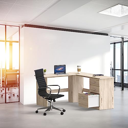 SHW L-Shaped Home Office Wood Corner Desk w/Box Box File Drawers, Maple | 51 x 59 Inches | 2 Pre-installed Grommets - color: Maple