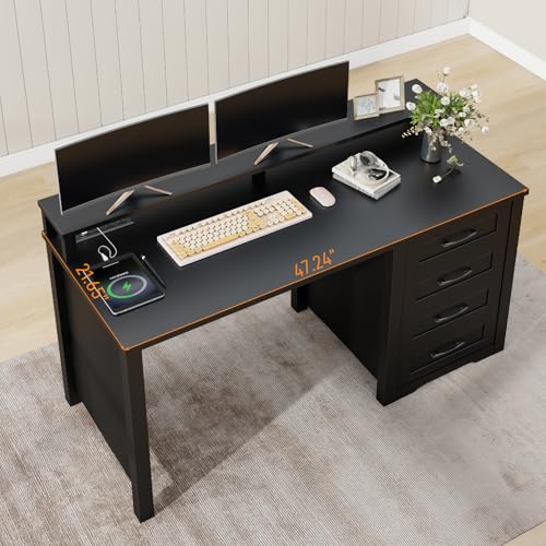 Vabches 47" Farmhouse Executive Desk with 4 Drawers,LED Lights, Pure Black - color: Pure Black, size: 4 Drawers & Monitor Stand