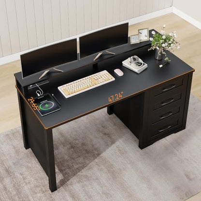 Vabches 47" Farmhouse Executive Desk with 4 Drawers,LED Lights, Pure Black - color: Pure Black, size: 4 Drawers & Monitor Stand
