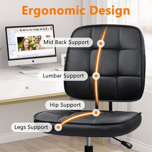 CLATINA Armless Home Office Chair with Lumbar Support and Wheels, Small PU Leather Ergonomic Low Back Desk Chairs No Arms, Adjustable Height 360° Swivel Rolling Computer Task Chair, Black, 2 Pack - color: Black-heibao, size: 2 Pack