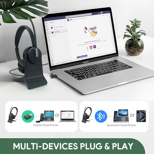 Yealink WH64 Mono Hybrid Wireless Headset with Mic DECT Dongle & Bluetooth | Teams Zoom Certified Headphones with Charging Stand, 492ft Range, 3X Noise Canceling Mic, 26H Battery for PC Cell Phones - style: WH64 Hy-Mono with Stand