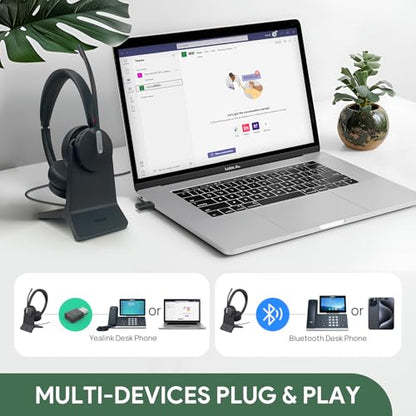 Yealink WH64 Mono Hybrid Wireless Headset with Mic DECT Dongle & Bluetooth | Teams Zoom Certified Headphones with Charging Stand, 492ft Range, 3X Noise Canceling Mic, 26H Battery for PC Cell Phones - style: WH64 Hy-Mono with Stand