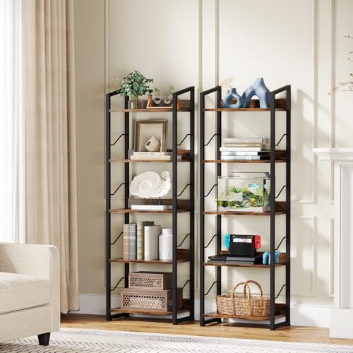 Hosfais 5 Tier Tall Bookshelf: Industrial Wood Book Shelf with Edge Protection Metal Narrow Bookshelf Bookcase Storage Organizer Display Rack for Living Room Home Office (Rustic Brown) - color: Rustic Brown