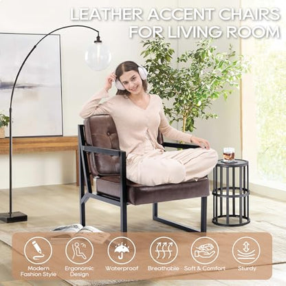 COLAMY Mid Century Modern Accent Chair, Comfy Living Room Chairs, Brown Leather Accent Chair, Faux Leather Reception Armchair with Metal Legs for Living Room Bedroom Reception Waiting Room, Brown - color: Brown, size: Set of 1