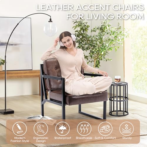 COLAMY Mid Century Modern Accent Chair, Comfy Living Room Chairs, Brown Leather Accent Chair, Faux Leather Reception Armchair with Metal Legs for Living Room Bedroom Reception Waiting Room, Brown - color: Brown, size: Set of 1