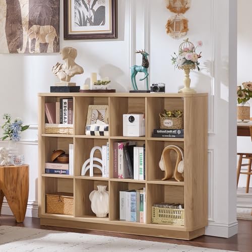 Joaxswe 12 Cube Storage Organizer, 41" Large Bookshelf with Curved Edge, Wood Floor Standing 3-Tier Cubby Bookcase with Base, Rustic Display Storage Cabinet for Living Room, Home Office, Natural Oak - color: Natural Oak, size: 12 Cube (11.81"D x 52.75"W x