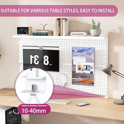 Clamp-On Metal Desk Pegboard with Dual Monitor Stand–No Drilling Needed! 59x35 Inch Steel Privacy Panel with Hooks & Movable Partition, Peg Board Wall Organizer for Gaming & Office - color: White